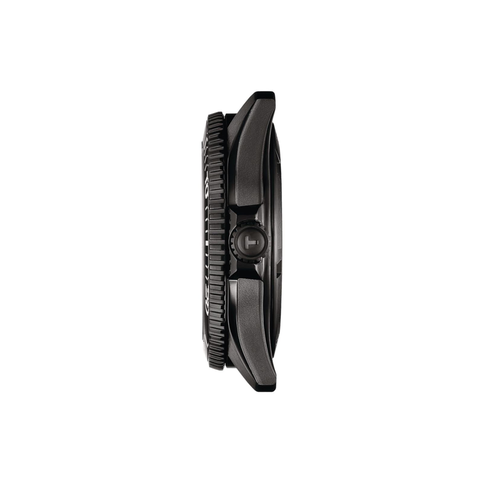 Side view of the Tissot Seastar 1000 Powermatic 80’s black case, featuring a ridged bezel and prominent crown, shown against a white background.