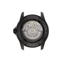 The back view of the Tissot Seastar 1000 Powermatic 80 showcases its automatic movement, sapphire crystal, stainless steel case, and water resistance up to 30 bar (300m/1000ft).