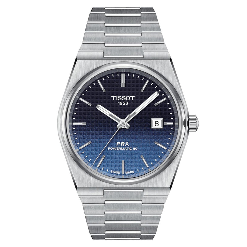 The Tissot PRX Powermatic 80 features automatic movement, a stainless steel case and bracelet, blue textured dial, silver hour markers, sapphire crystal, and a date window at 3 o’clock.
