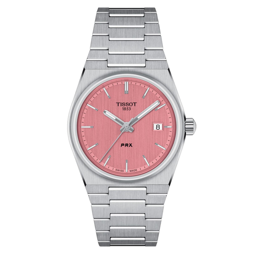 The Tissot PRX is a retro watch with a pink dial, silver hour markers, date window at 3 o’clock, and a stainless steel bracelet for timeless style.