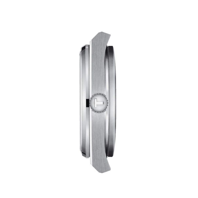 Side view of the Tissot PRX wristwatch case in silver with a prominent crown displaying the T logo, set against a white background—a stylish retro design from Tissot.