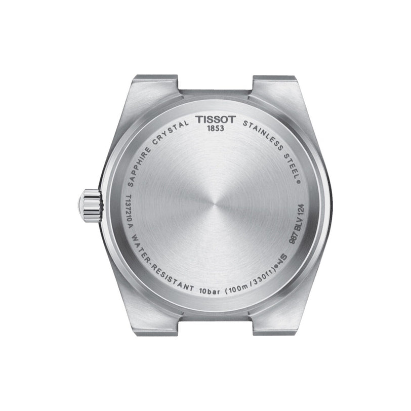 The Tissot PRX watchs silver case back, engraved with water resistance and material details, is shown on a white background.