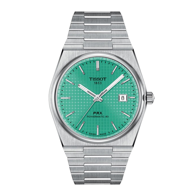 The Tissot PRX Powermatic 80 wristwatch features a stainless steel bracelet, green textured dial, silver hour markers, date at 3 oclock, and a Nivachron hairspring for enhanced precision.