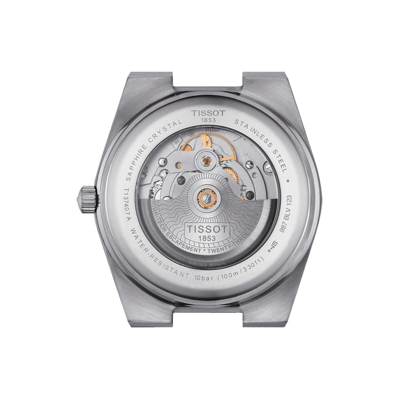 The back of the Tissot PRX Powermatic 80 showcases its exposed automatic movement, Nivachron hairspring, detailed engravings, and sleek stainless steel bracelet.