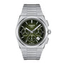 The Tissot PRX Automatic Chronograph is a stainless steel sports watch featuring a green textured dial, three subdials, date display, and baton hour markers.