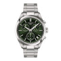 The Tissot PR 100 Chronograph features a stainless steel case, green dial with three subdials, Super-LumiNova® coating, date window, and metal link bracelet, shown against a white background.