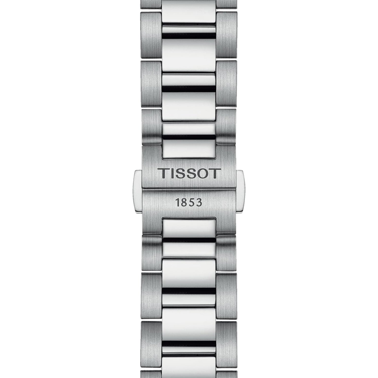 Close-up of a silver Tissot PR 100 Chronograph metal watch band with TISSOT and 1853 engraved on the clasp, highlighting the craftsmanship of Tissot’s timepieces.
