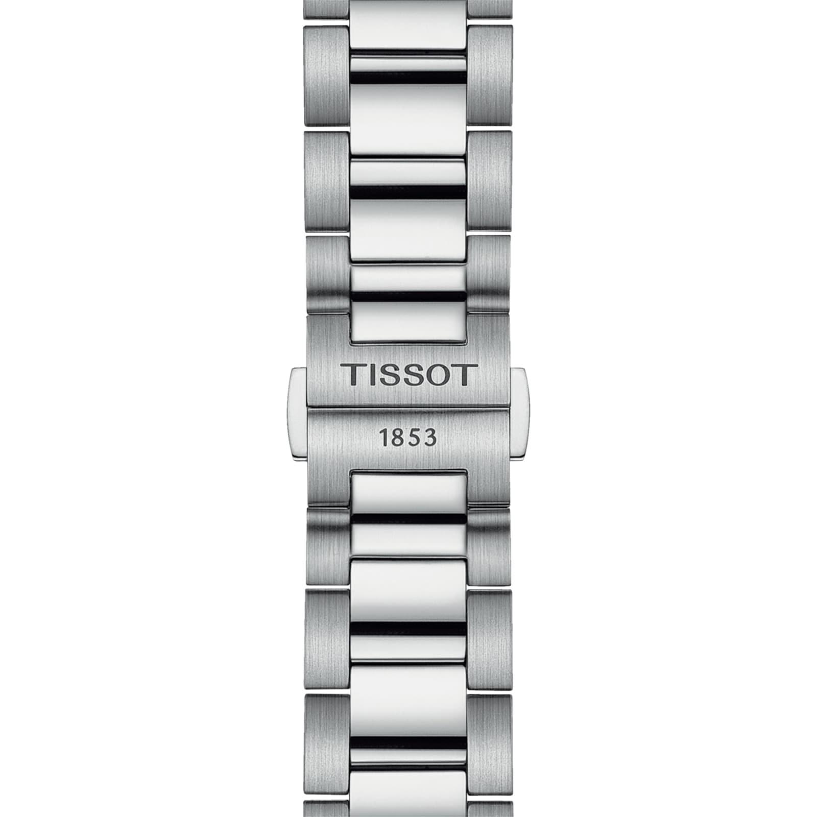 Close-up of a silver Tissot PR 100 Chronograph metal watch band with TISSOT and 1853 engraved on the clasp, highlighting the craftsmanship of Tissot’s timepieces.