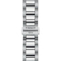 Close-up of a silver Tissot PR 100 Chronograph metal watch band with TISSOT and 1853 engraved on the clasp, highlighting the craftsmanship of Tissot’s timepieces.