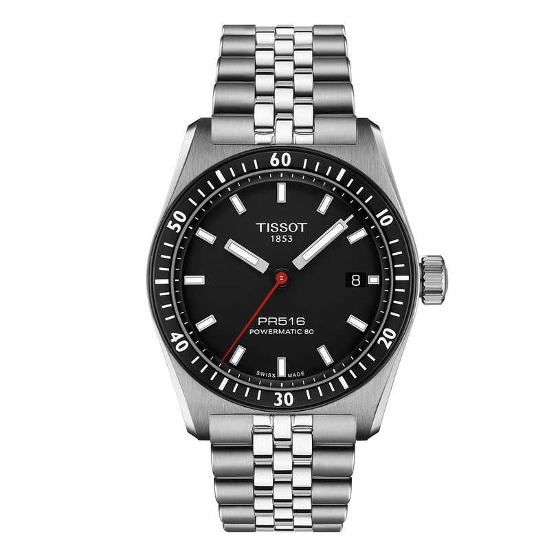 A Tissot PR516 Powermatic 80 silver wristwatch featuring a black dial, date display, and metal link bracelet.