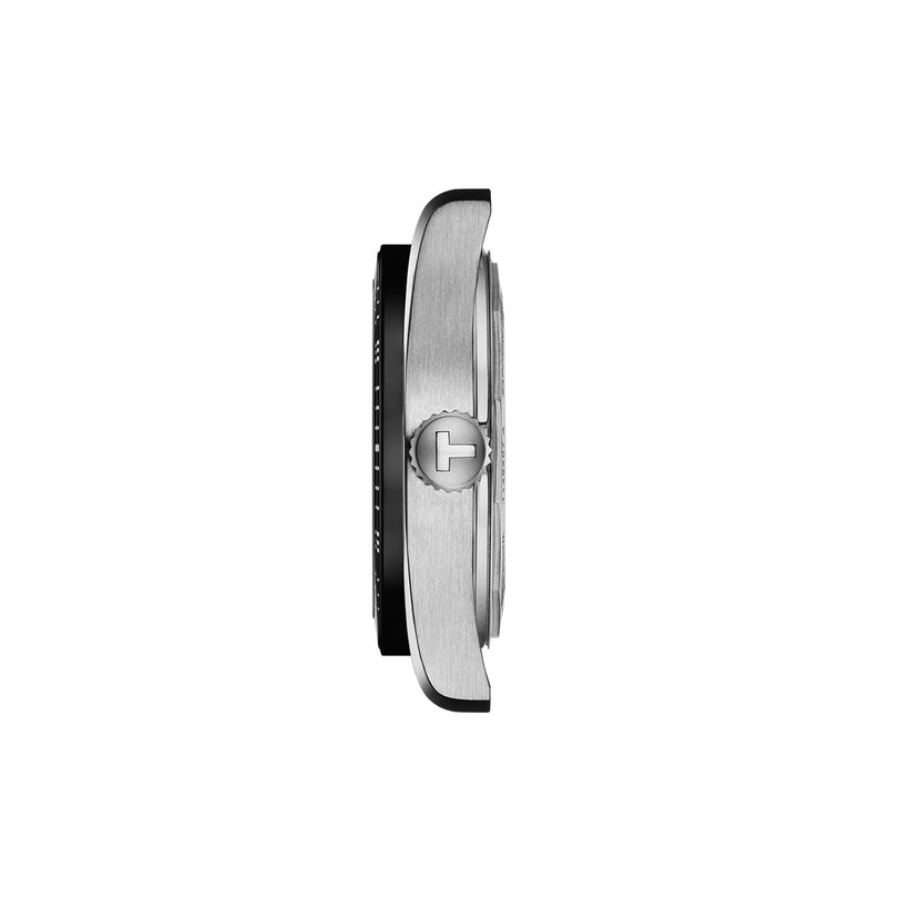 Side view of the Tissot PR516 Powermatic 80 silver case with a ridged crown and black bezel, isolated on a white background.