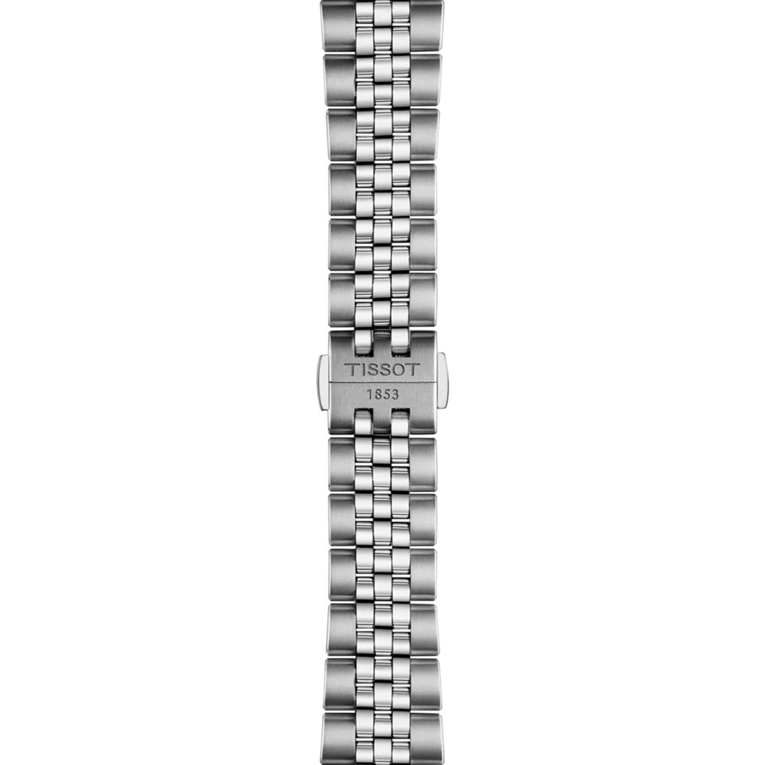 The Tissot PR516 Powermatic 80 features a silver stainless steel bracelet with polished interlocking links and a clasp engraved with TISSOT 1853.