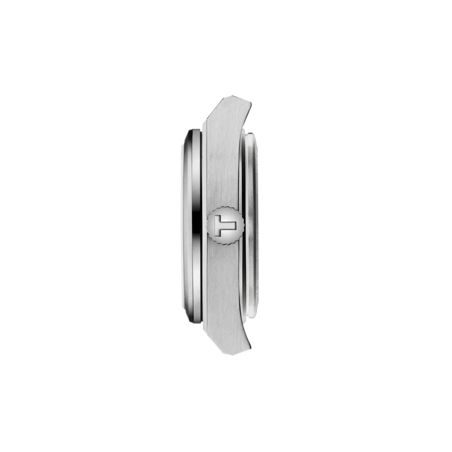 Side view of a silver Tissot PRX 25mm wristwatch case with a round crown engraved with the “H” logo, highlighting its vintage aesthetic design on a plain white background.
