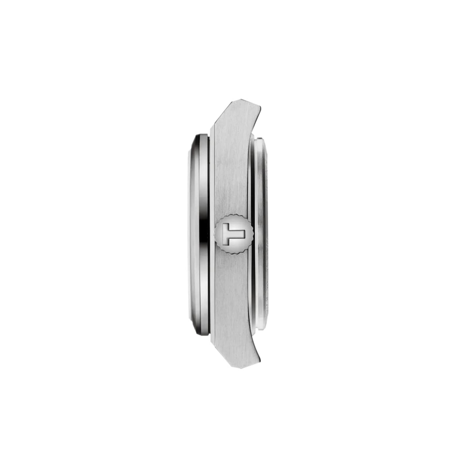Side view of a silver Tissot PRX 25mm wristwatch case with a round crown engraved with the “H” logo, highlighting its vintage aesthetic design on a plain white background.