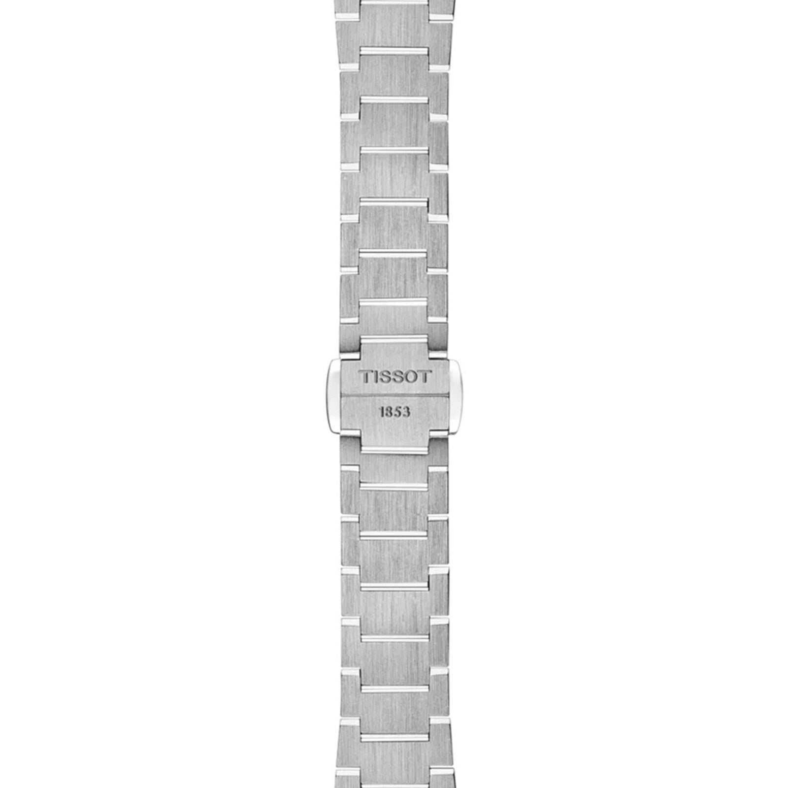 The Tissot PRX features a silver metal watch band with a clasp engraved “Tissot 1853,” showcasing vintage-inspired design elements, set against a white background.
