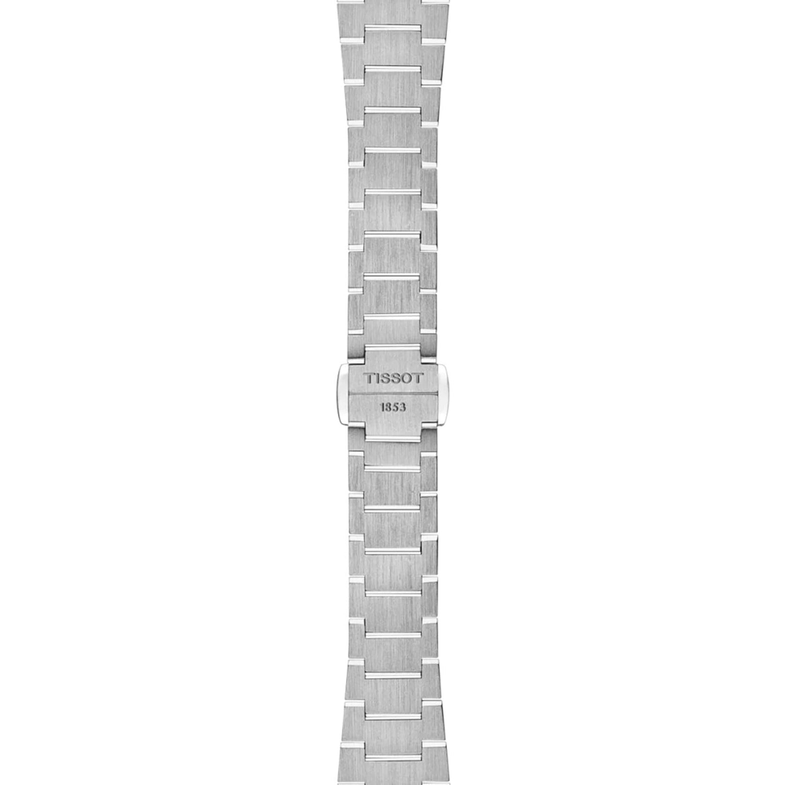 Silver stainless steel Tissot PRX watch band featuring a clasp engraved with TISSOT 1853.