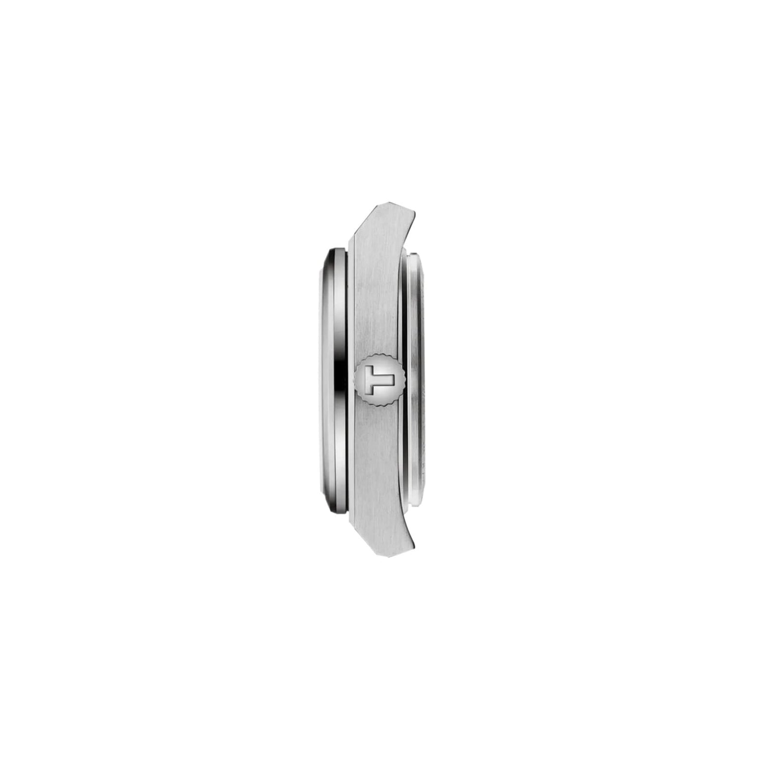 Side view of the Tissot PRX 25mm silver wristwatch case with a crown engraved with a cross logo and sapphire crystal, displayed on a white background.