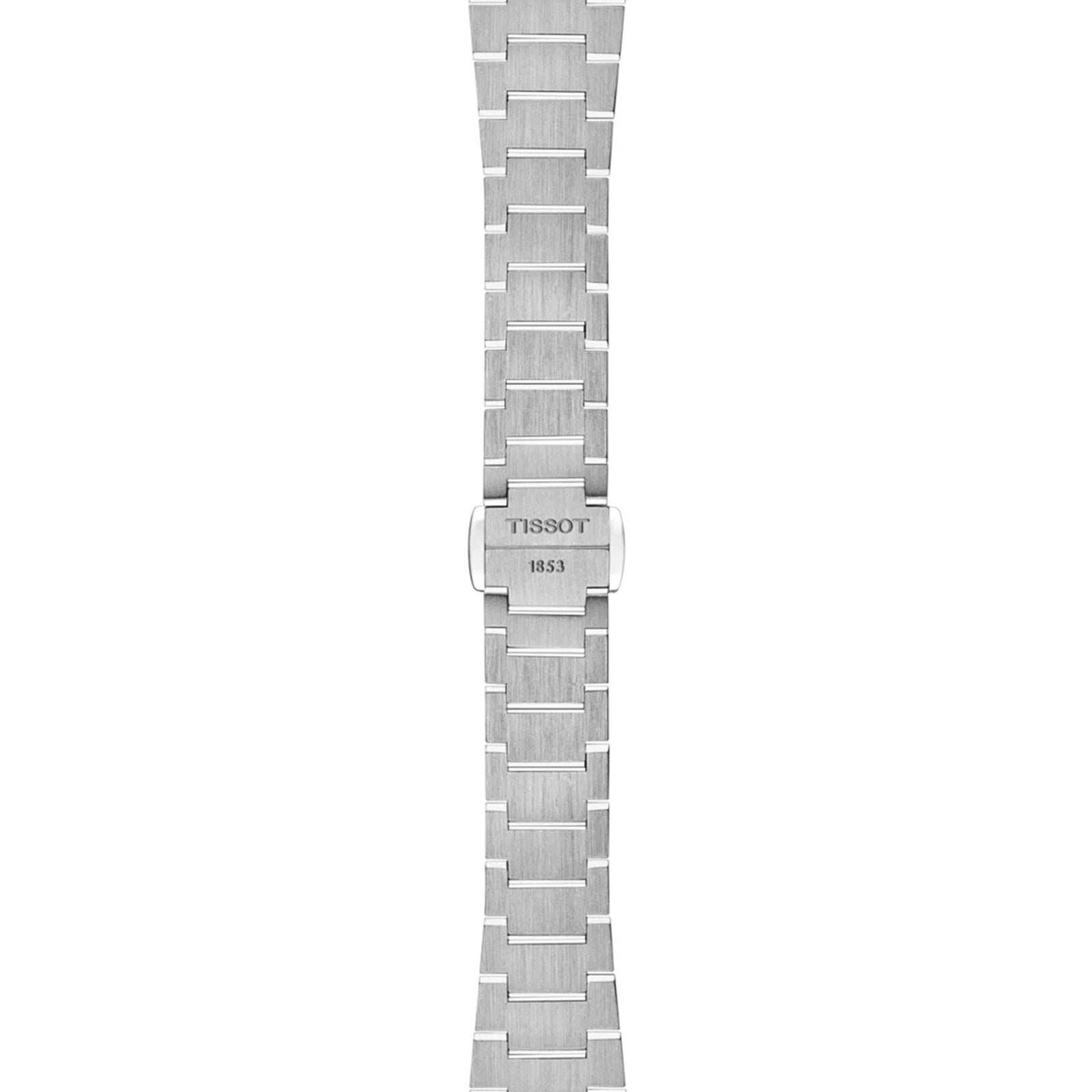 Silver metal Tissot PRX watch band with brushed finish and clasp engraved TISSOT 1853, displayed on white. Ideal for pairing with quartz movement and sapphire crystal models.