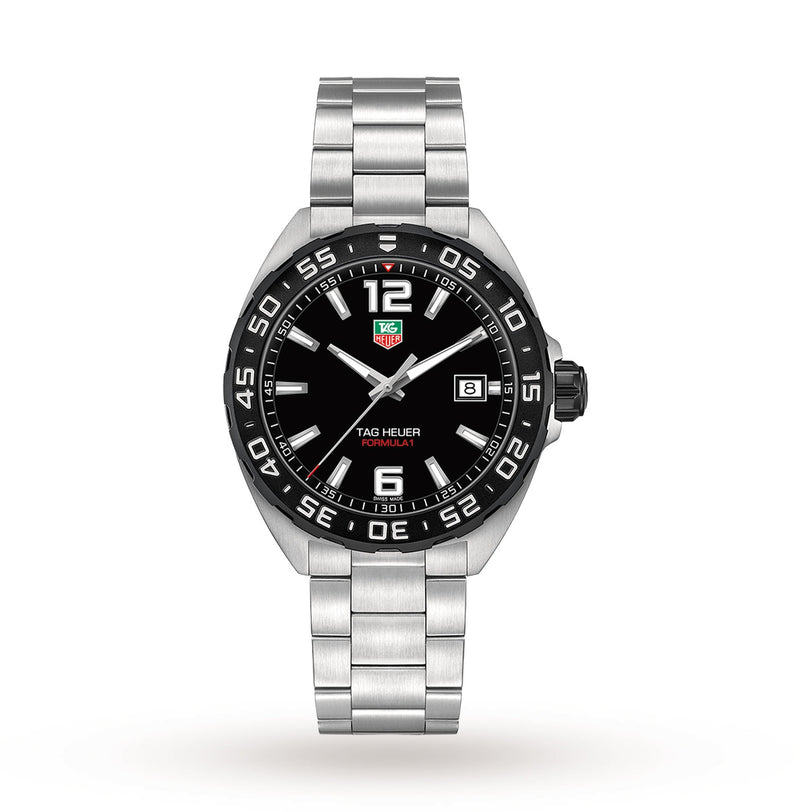 The TAG Heuer Formula 1 Date features a stainless steel case, black dial with silver indices, date window at 3 oclock, and a unidirectional black bezel—powered by quartz movement.