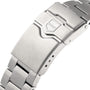 Close-up of a TAG Heuer Formula 1 Date stainless steel bracelet clasp featuring a brushed finish, engraved shield logo, and sturdy design to complement its robust stainless steel case.