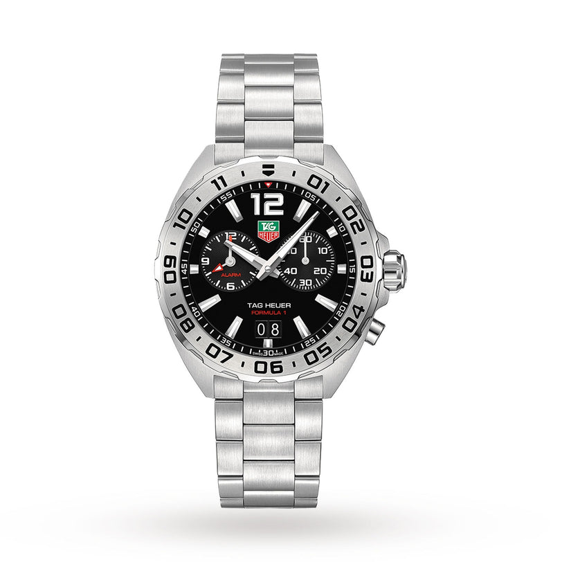 A TAG Heuer Formula 1 Date stainless steel watch with a black dial, chronograph subdials, date window, and link bracelet, displayed on a plain white background.