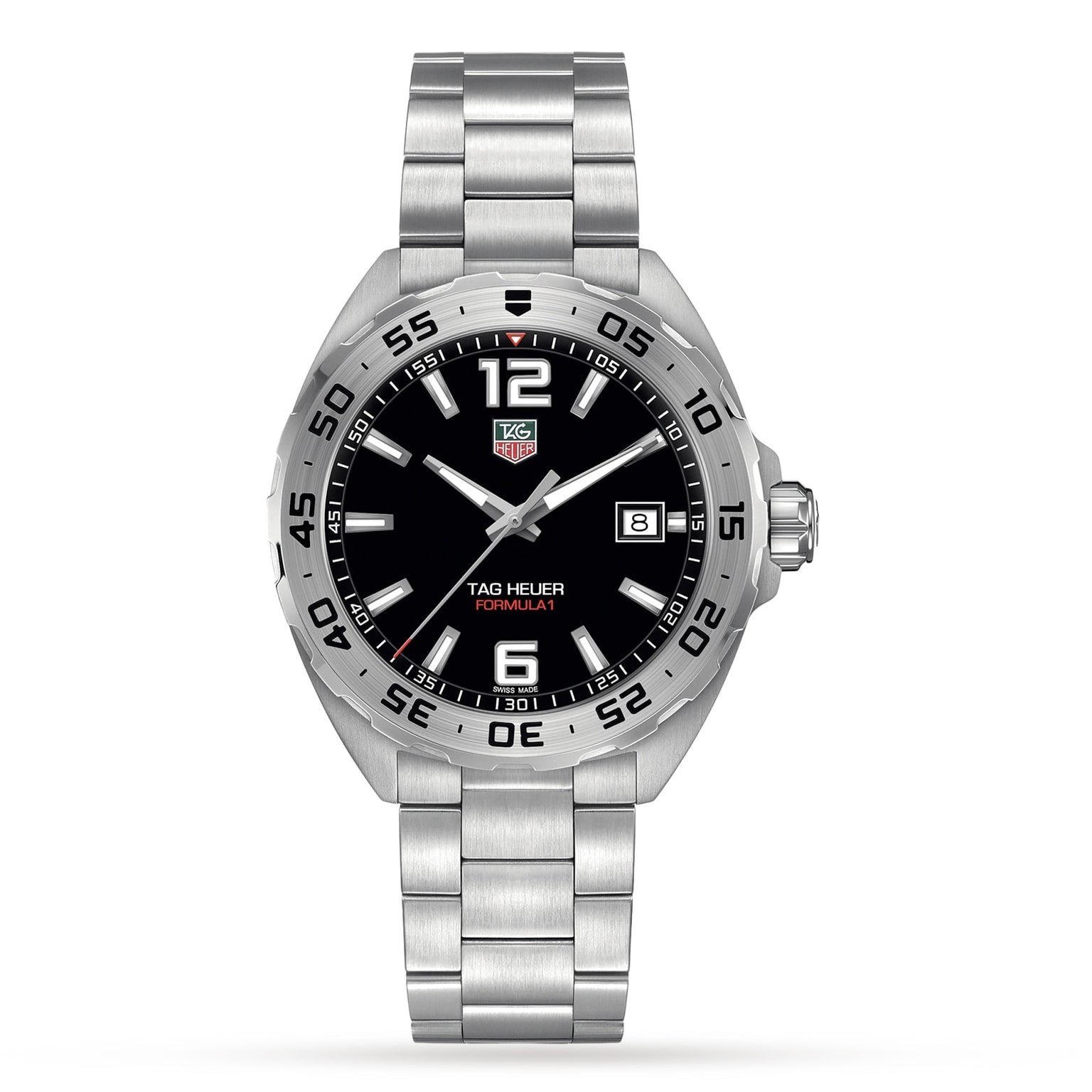 The TAG Heuer Formula 1 Date is a stainless steel wristwatch with quartz movement, a black dial with silver hour markers, date display at 3 o’clock, and a metal link bracelet.