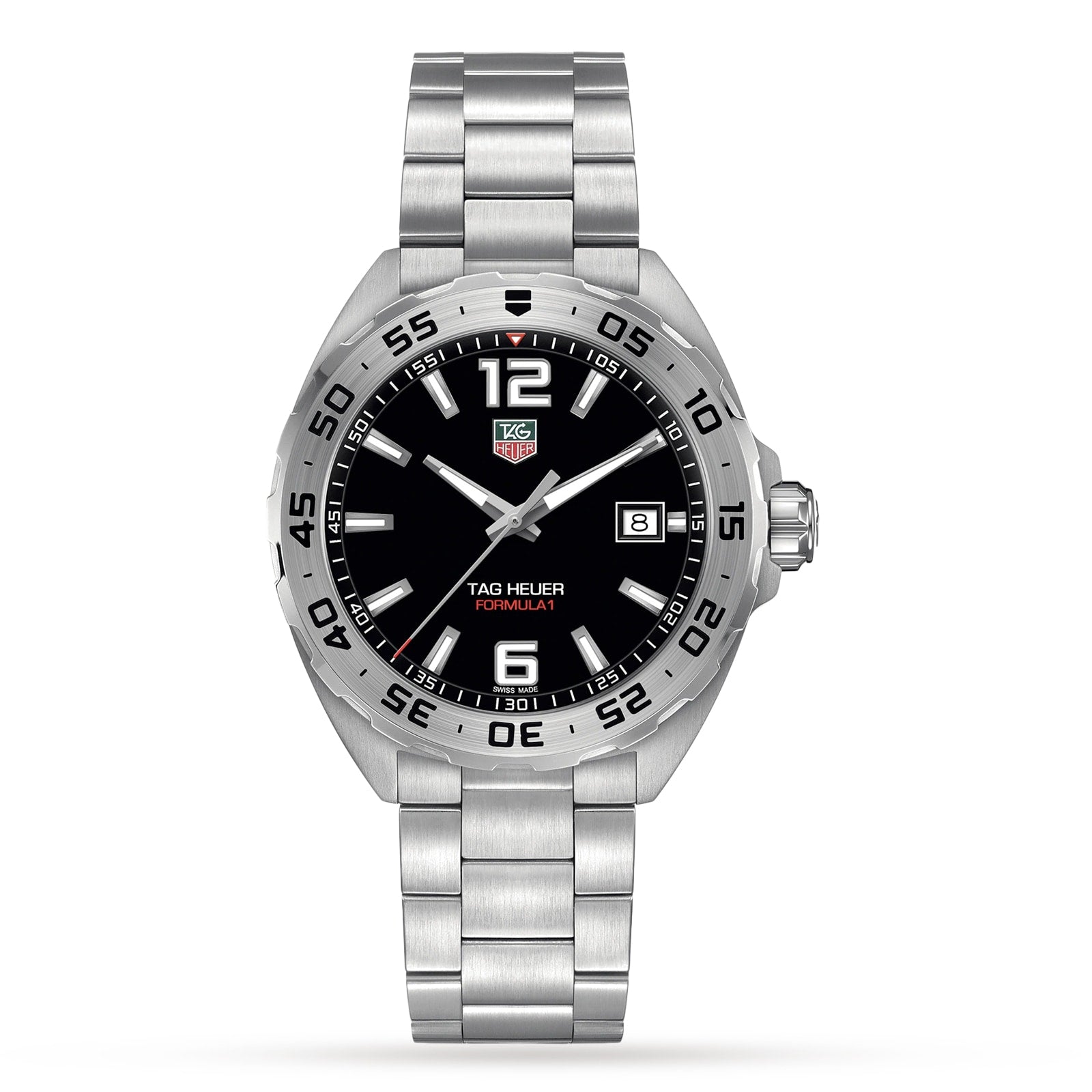 The TAG Heuer Formula 1 Date is a stainless steel wristwatch with quartz movement, a black dial with silver hour markers, date display at 3 o’clock, and a metal link bracelet.