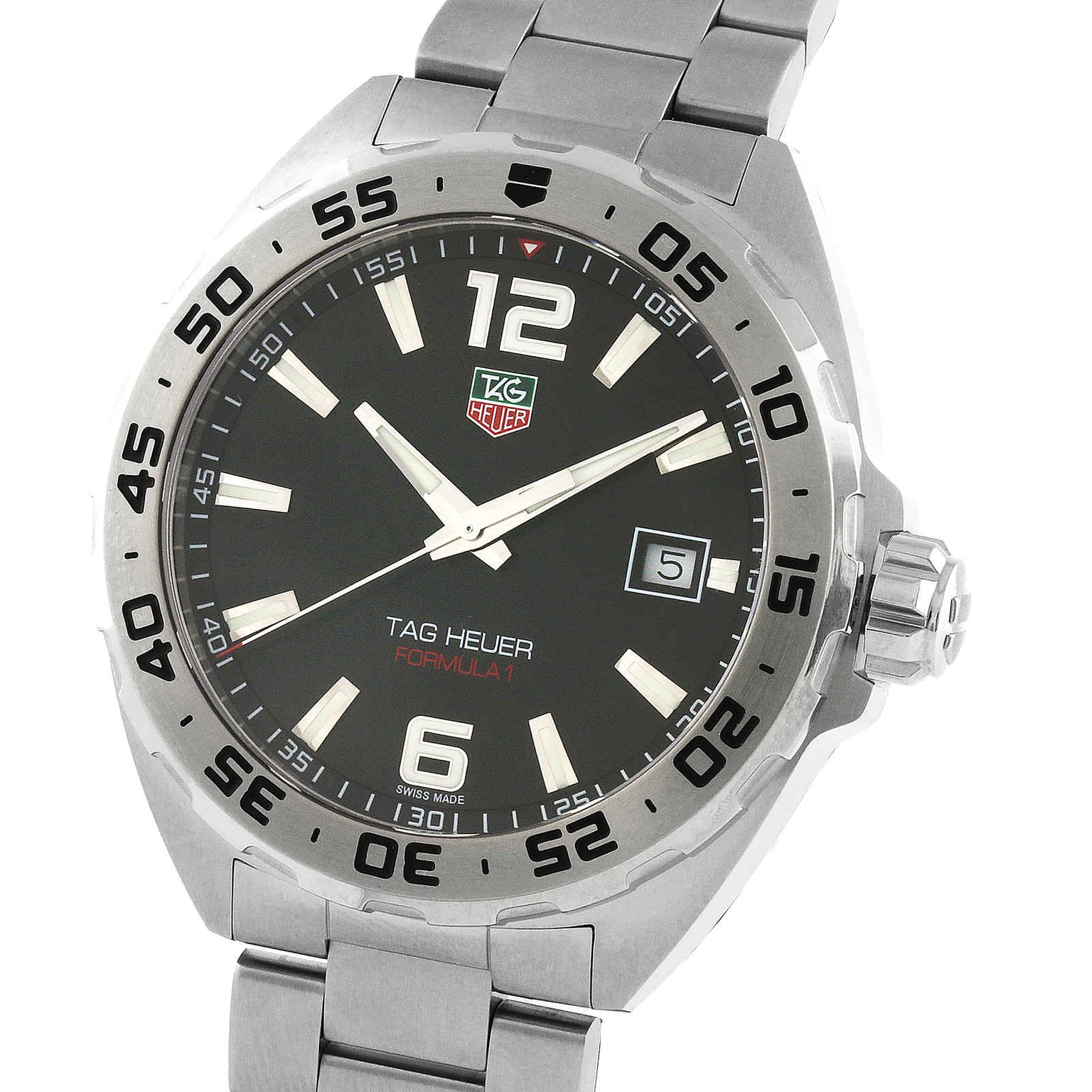 A close-up of the TAG Heuer Formula 1 Date wristwatch, featuring a black dial, silver hour markers, date display, stainless steel band, and precise quartz movement.