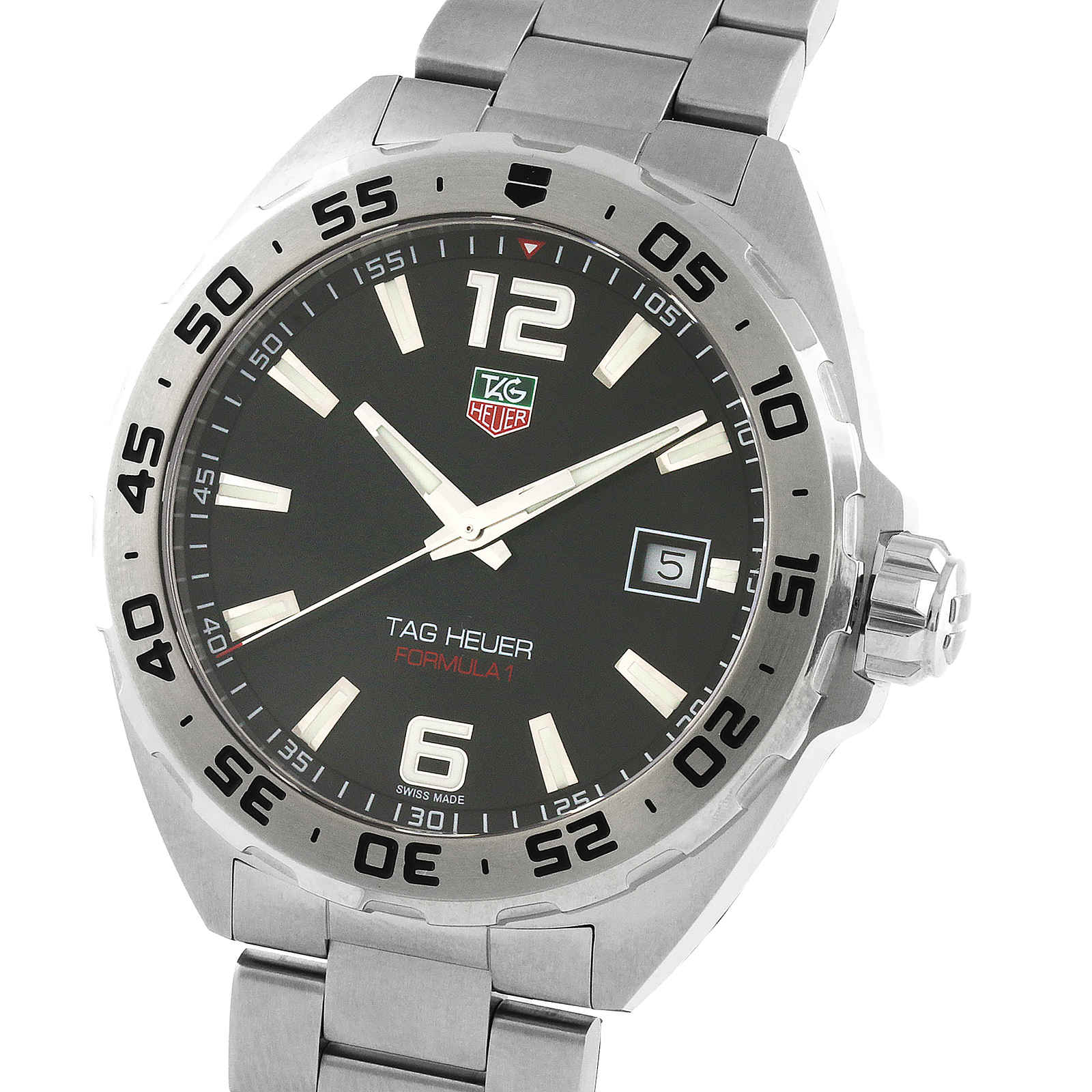 A close-up of the TAG Heuer Formula 1 Date wristwatch, featuring a black dial, silver hour markers, date display, stainless steel band, and precise quartz movement.