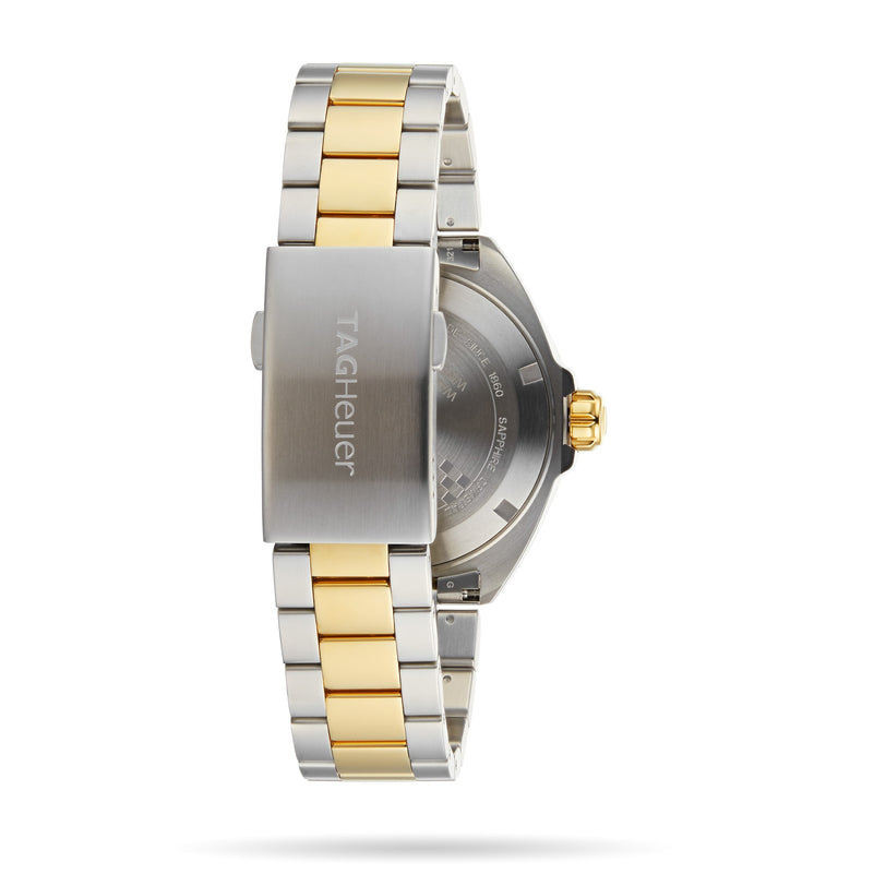Back view of the TAG Heuer Special Edition Formula 1 Date, featuring a two-tone silver and gold bracelet and an engraved TAG Heuer logo on the clasp, highlighting its signature design.