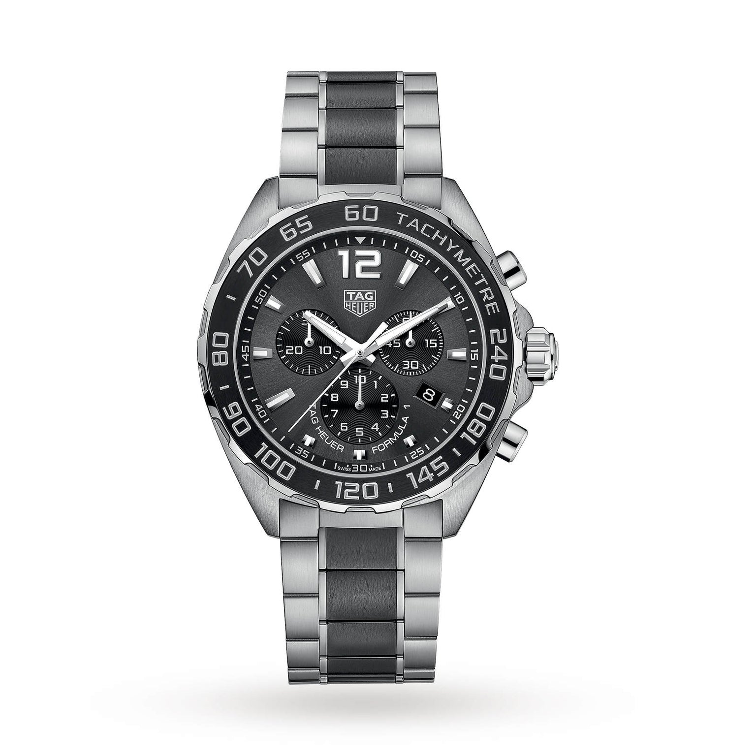 The TAG Heuer Formula 1 Chronograph features a stainless steel case, black dial with three subdials, black tachymeter bezel, and metal bracelet, highlighting its motor-racing inspired design against a white background.