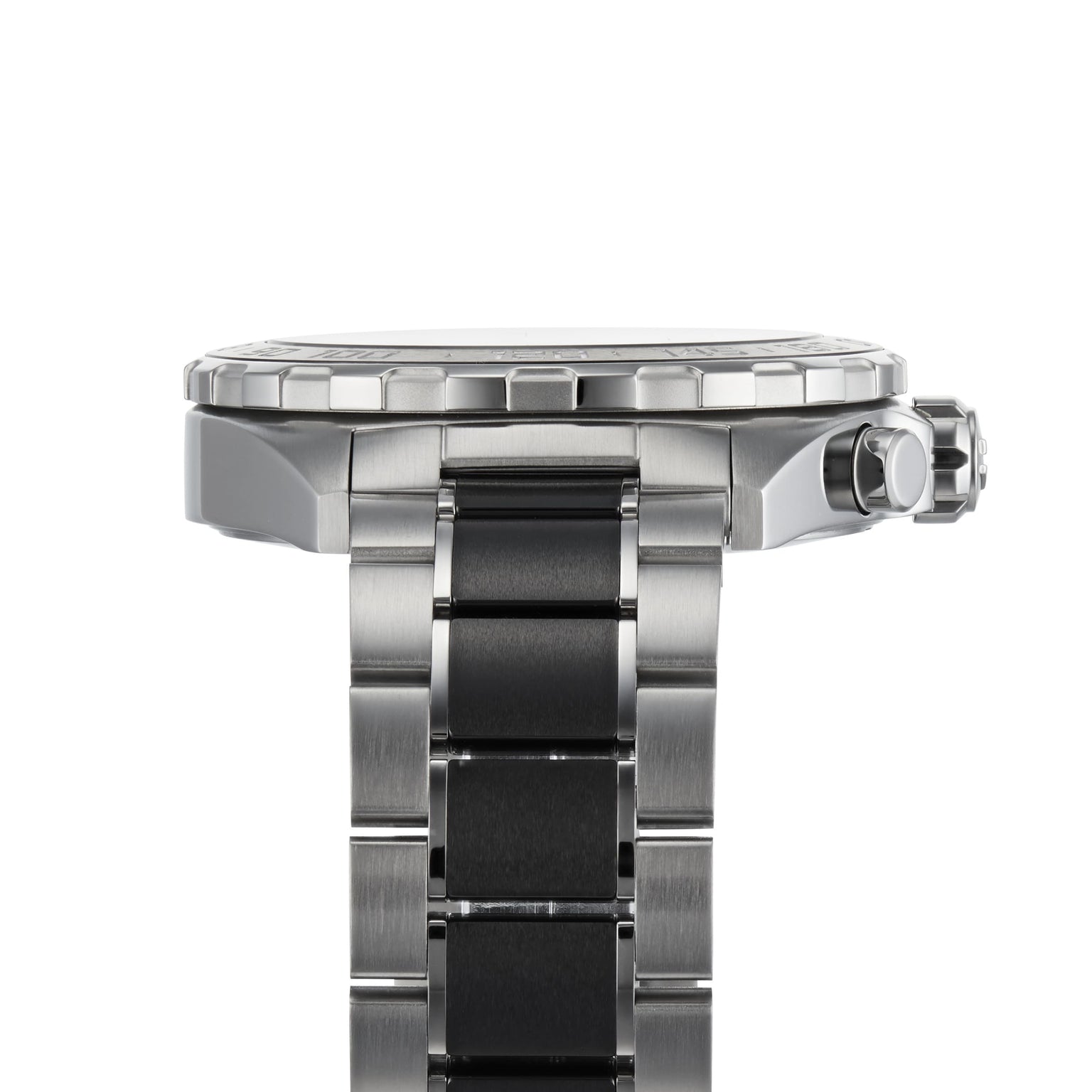 Side view of a TAG Heuer Formula 1 Chronograph stainless steel wristwatch with metal bracelet, visible bezel, and crown, highlighting its motor-racing inspired design against a white background.