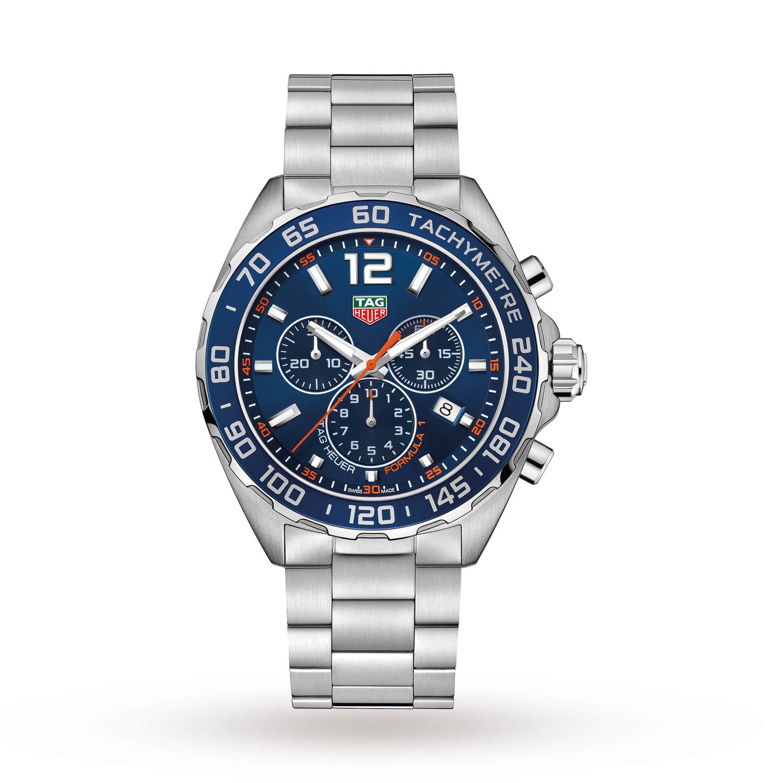 The TAG Heuer Formula 1 Chronograph features a stainless steel case, blue tachymeter bezel, quartz movement, three subdials, date display, and silver metal bracelet, displayed on a white background.