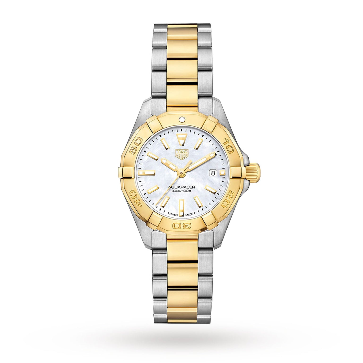 A TAG Heuer Aquaracer Date wristwatch with a two-tone silver/gold design, white face, date display, stainless steel bracelet, and quartz movement is displayed against a plain white background.