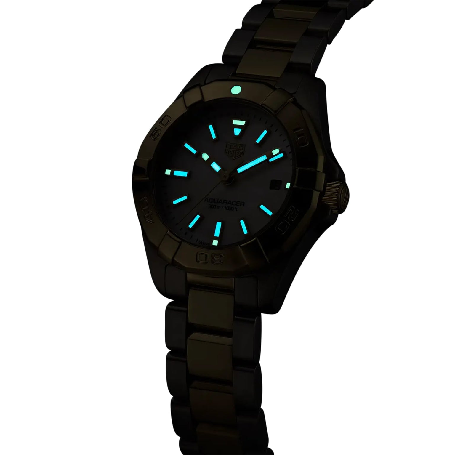 The TAG Heuer Aquaracer Date wristwatch features a black dial with luminous blue hour markers and hands, paired with a stainless steel band.