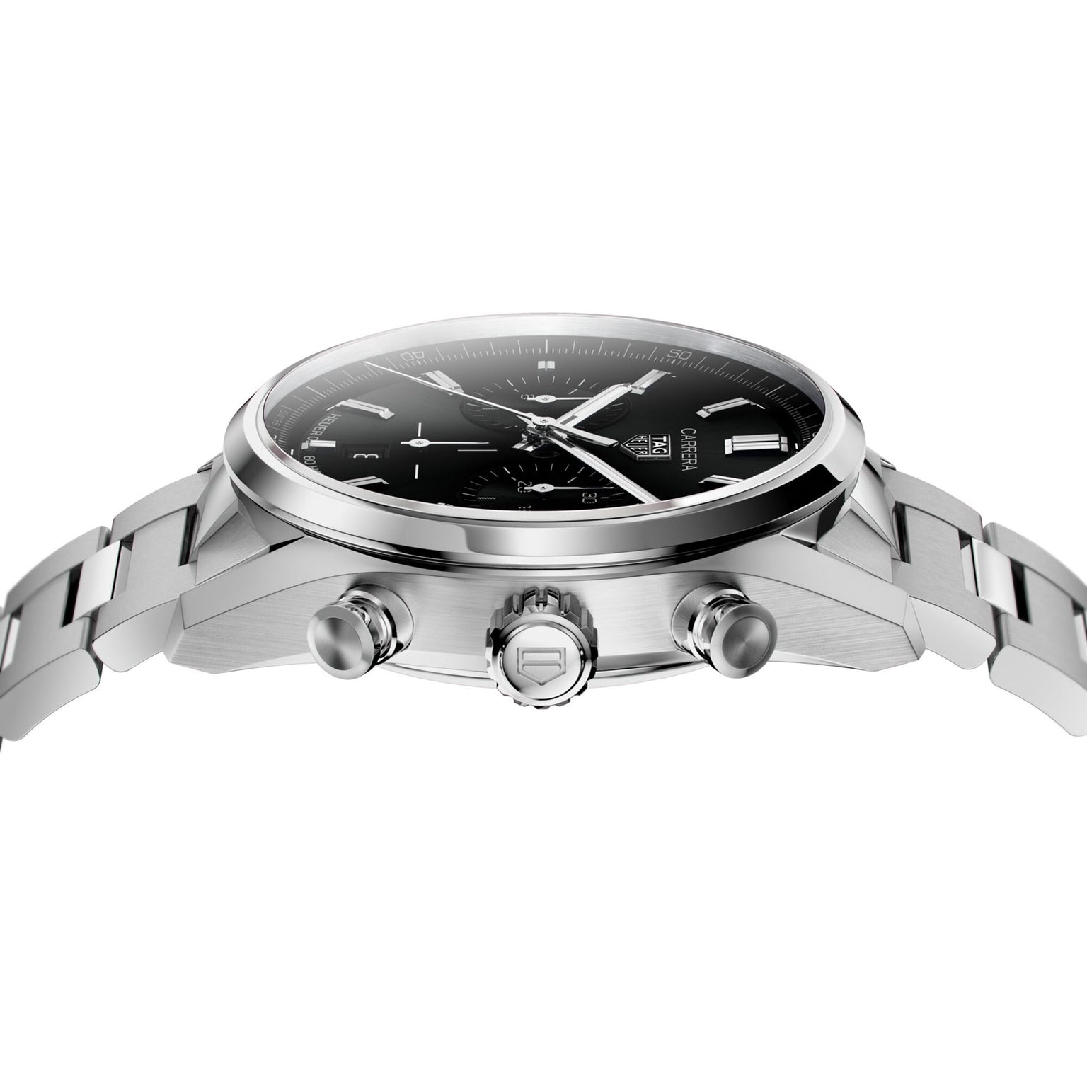 Side view of the TAG Heuer Carrera Chronograph, featuring a stainless steel case, black dial with three subdials, two pushers by the crown, and a metal bracelet—highlighting its motor-racing heritage.