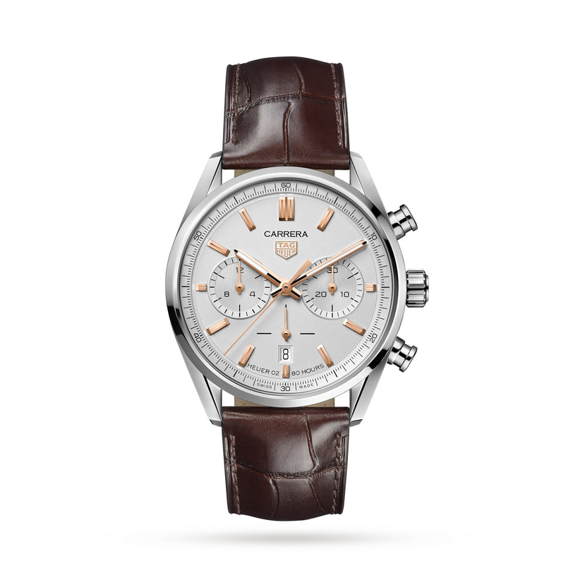The TAG Heuer Carrera Chronograph features a silver stainless steel case, white dial with gold-tone markers and hands, chronograph subdials, brown leather strap, and precise automatic movement.