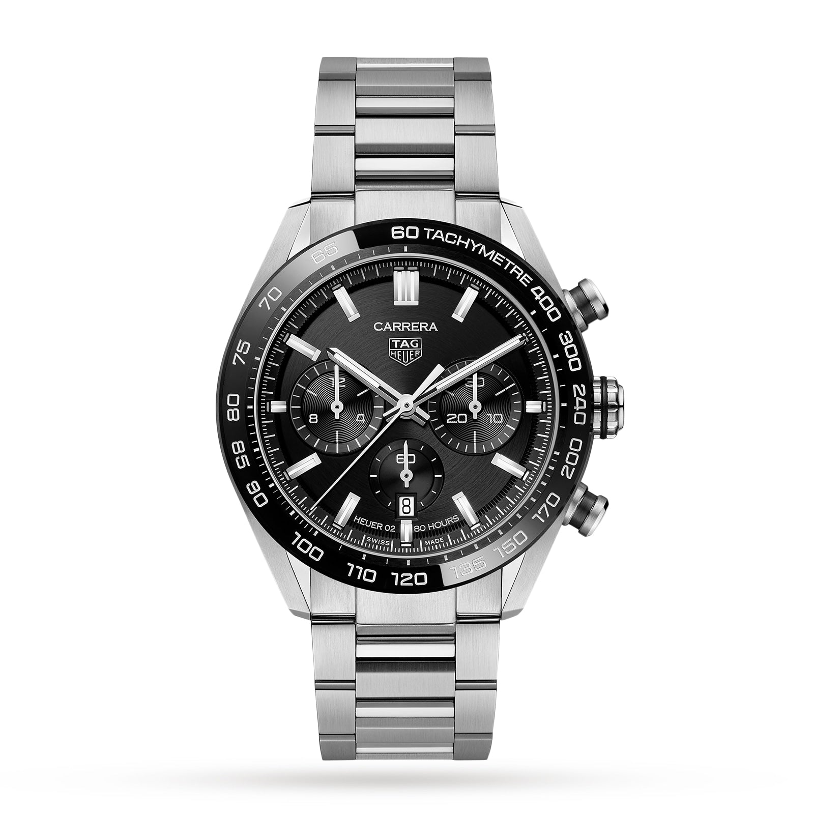 The TAG Heuer Carrera Chronograph features stainless steel, Calibre 02 Automatic movement, black tachymeter bezel and dial, three subdials, date display, and a metal bracelet—celebrating motor-racing heritage.
