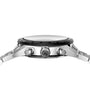 Side view of a TAG Heuer Carrera Chronograph wristwatch on a metal bracelet, featuring two push buttons, a logo-engraved crown, and powered by the Calibre 02 Automatic movement.