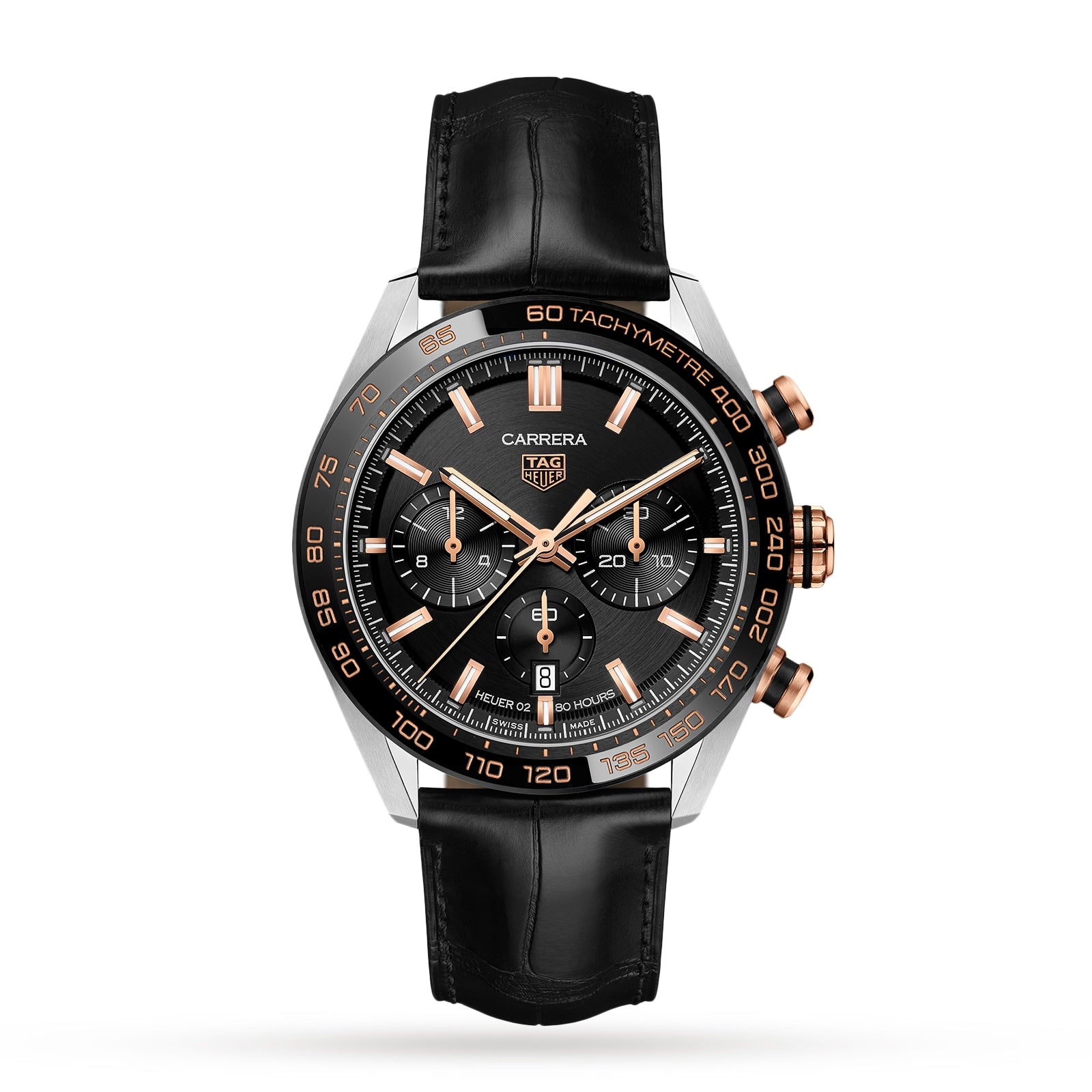 The TAG Heuer Carrera Chronograph features a black dial, gold-tone accents, three subdials, tachymeter scale, black leather strap, and Heuer 02 calibre, highlighting its motor-racing heritage on a white background.