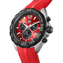 The TAG Heuer Formula 1 Chronograph features a stainless steel case, tachymeter bezel, red dial with three sub-dials, and a red rubber strap.