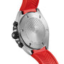 Back view of a TAG Heuer Formula 1 Chronograph, featuring a red rubber strap, stainless steel case, engraved TAG Heuer logo, and water resistance details.
