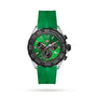 The TAG Heuer Formula 1 Chronograph features quartz movement, a green rubber strap, black tachymeter bezel, and three subdials on a green dial, shown against a white background.