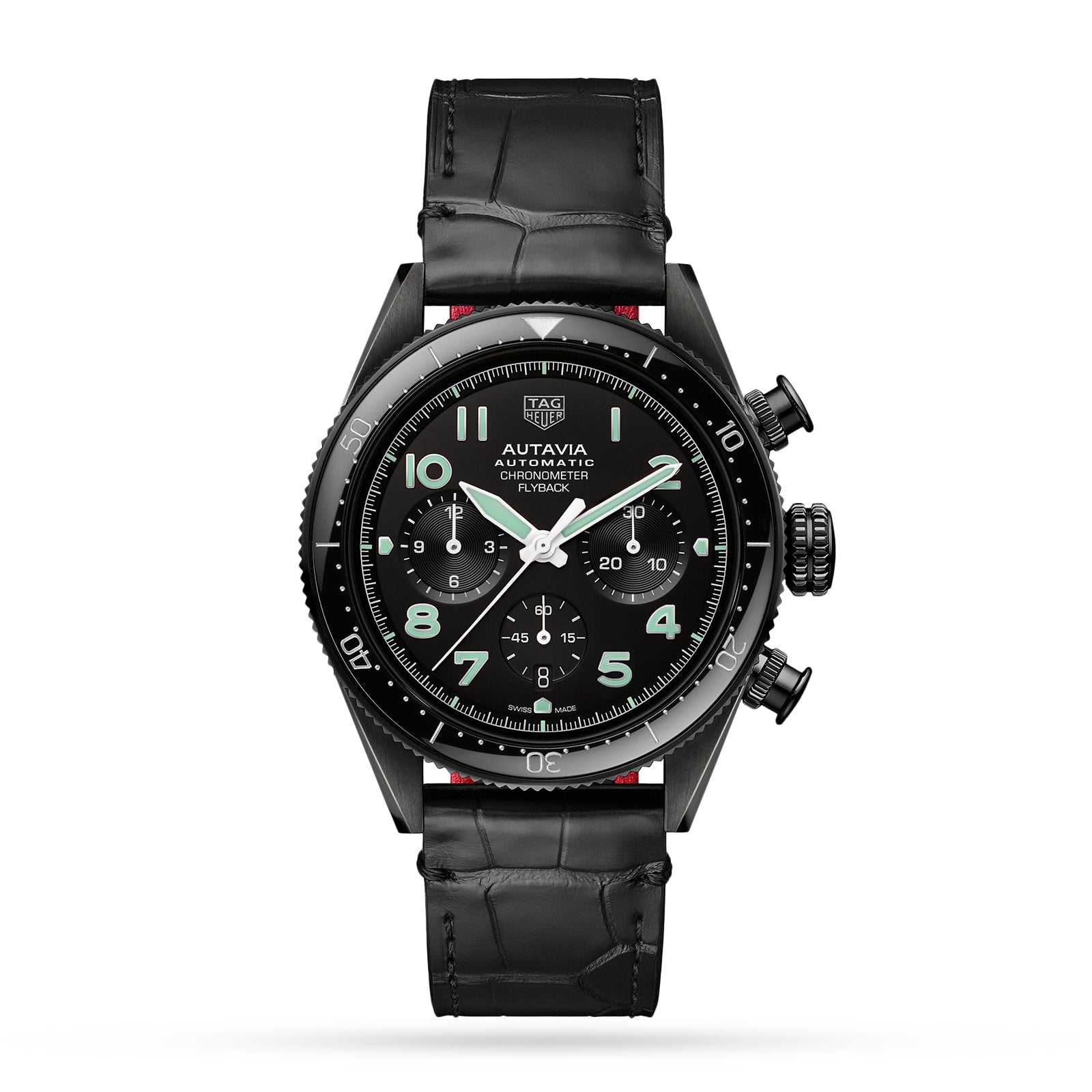 The TAG Heuer Autavia Flyback Chronometer is a black automatic pilot’s watch with a chronograph dial, three subdials, white hands, and a black leather strap, featuring the calibre 02 Flyback movement. Shown on a white background.