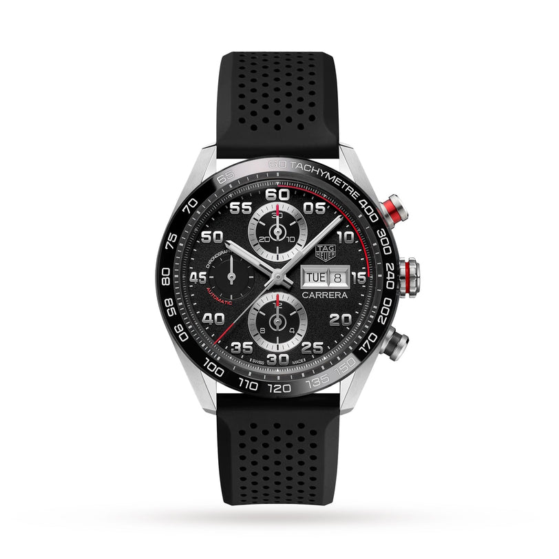 The TAG Heuer Carrera Chronograph is a black watch with a perforated strap, three subdials, calibre 16 movement, date display, and tachymeter bezel on a white background.