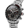 The TAG Heuer Special Edition Carrera Chronograph x Porsche features a stainless steel case, black bezel, textured dial with three subdials, and a metal link bracelet.