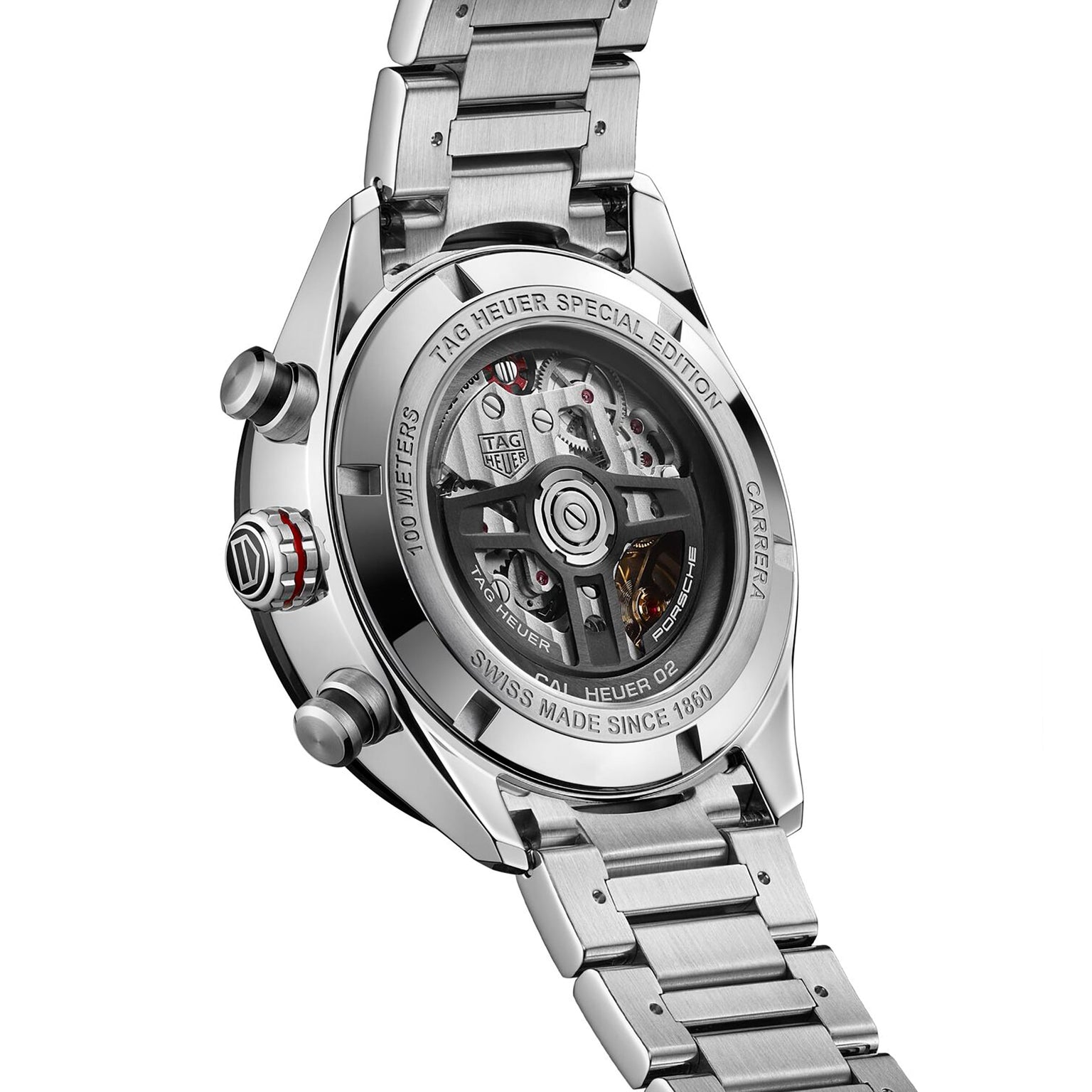 Back view of the TAG Heuer Special Edition Carrera Chronograph x Porsche, highlighting its exposed automatic movement and metal bracelet.