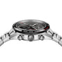 Side view of the TAG Heuer Special Edition Carrera Chronograph x Porsche wristwatch with a black bezel, two pushers, and a stainless steel bracelet.