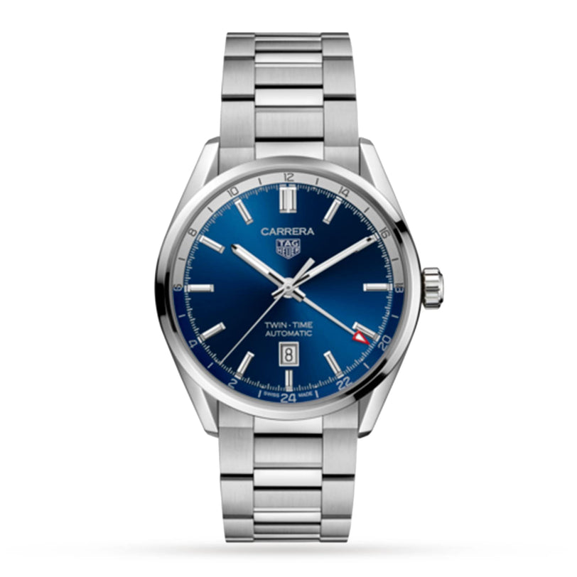 The TAG Heuer Carrera Twin-Time is a stainless steel wristwatch featuring a blue dial, silver hour markers, GMT function, date at 6 o’clock, metal bracelet band, and Carrera Twin-Time Automatic on the watch face.