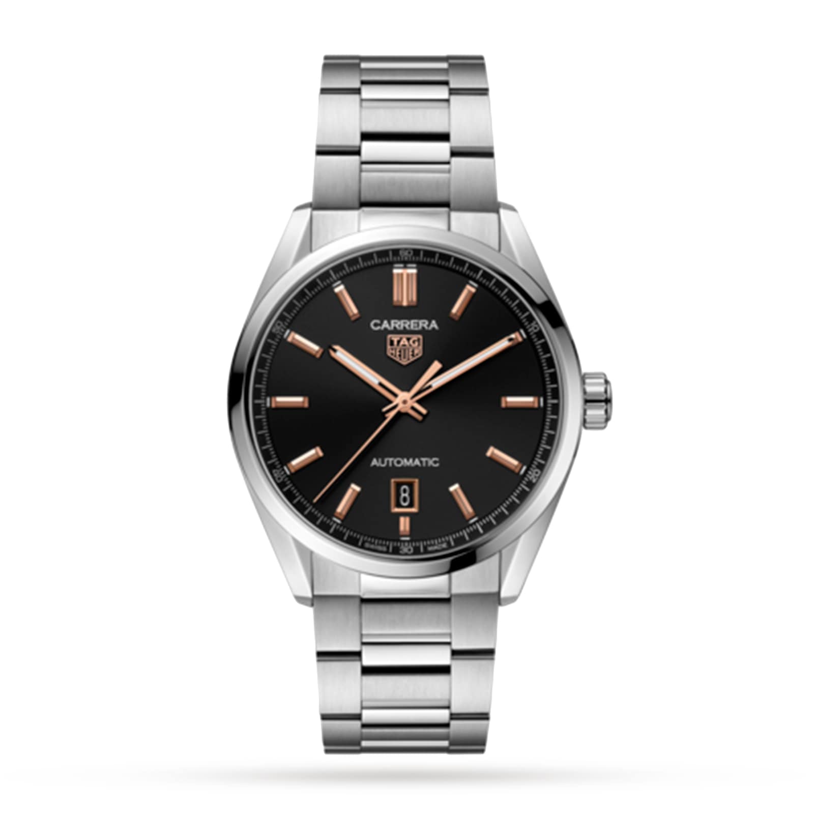 The TAG Heuer Carrera Date features a stainless steel case, black dial with gold hour markers and hands, date display at 6 o’clock, Calibre 5 movement, and a metal bracelet.